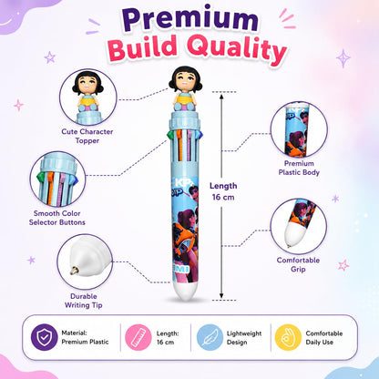 K-Pop Demon Hunters Themed 10-in-1 Multicolor Pen Set of 3 | Cute Character Topper | 10 Color Retractable Ball Pens for School, Office, Journaling & Gifts