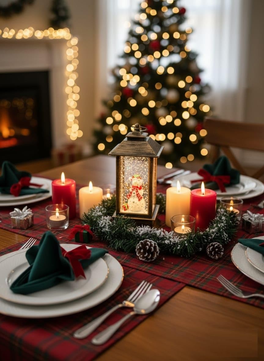 Christmas Snow Globe Lantern with Snowman Figurine | 14 cm Lighted Christmas Decoration, Glitter Lantern, Festive Xmas Tabletop Decor, (Only Light, No Music)