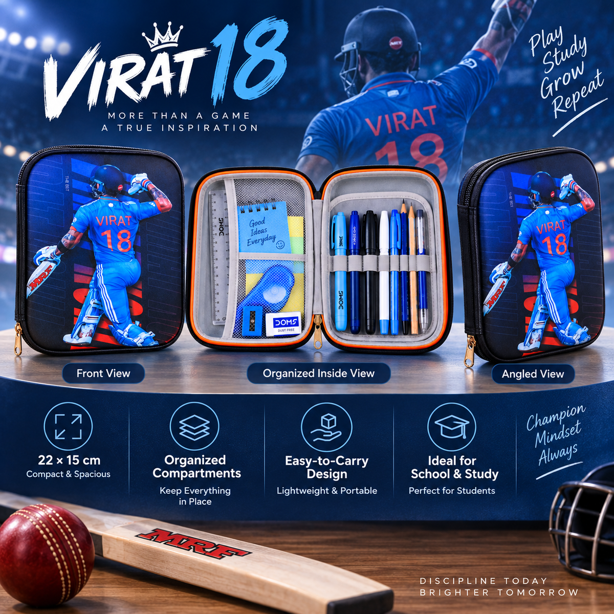 Virat 18 Cricket Pencil Pouch 22 x 15 cm | Pencil Case with Mesh Pocket & Elastic Holders