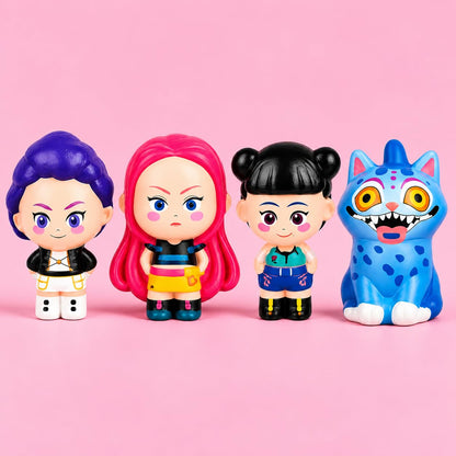 K Pop Demon Hunters Squishy Set of 4 – Rumi, Meera, Zoey & Blue Cat Slow Rising Stress Relief Squeeze Toys for Kids, Teens & Adults