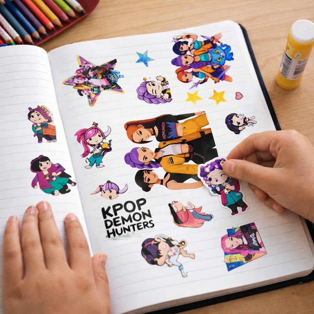 K POP Demon Hunters Sticker Notebook for Kids & Teens | Spiral Bound Sticker Book with Cute Demon Stickers | Reusable Scrapbook Diary for Girls Boys | Gift for Anime & Demon Fans (250 Stickers)
