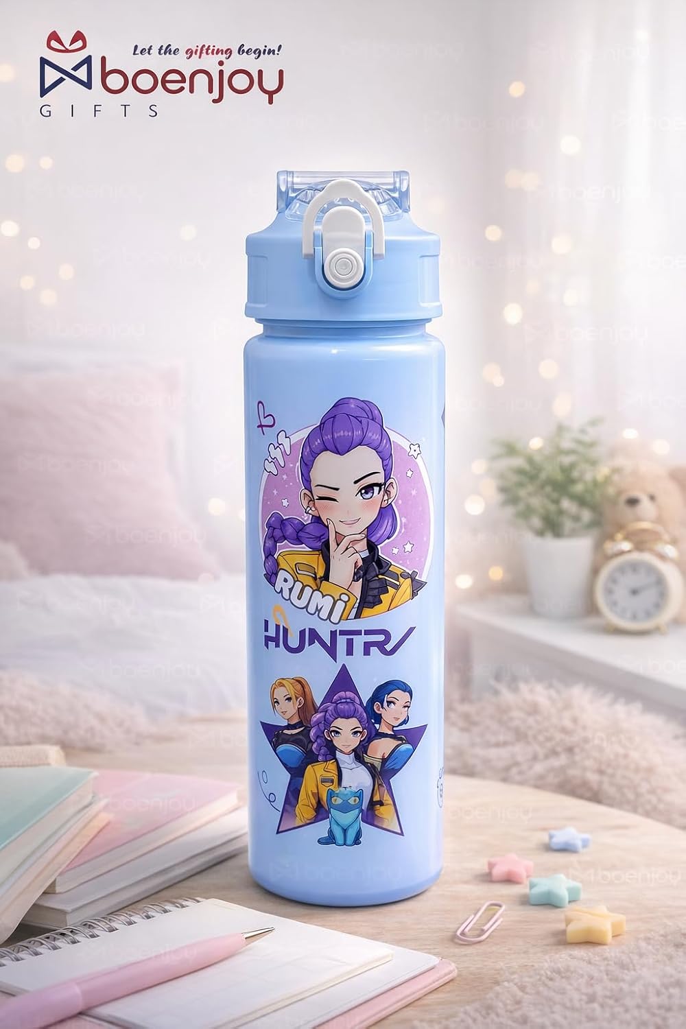 Water Bottle with Straw, Leakproof BPA Free Plastic Bottle, Cute Demon Hunter Design, Portable School Bottle with Strap, 500ml Reusable Drinking Bottle for Boys & Girl (Random Colour)