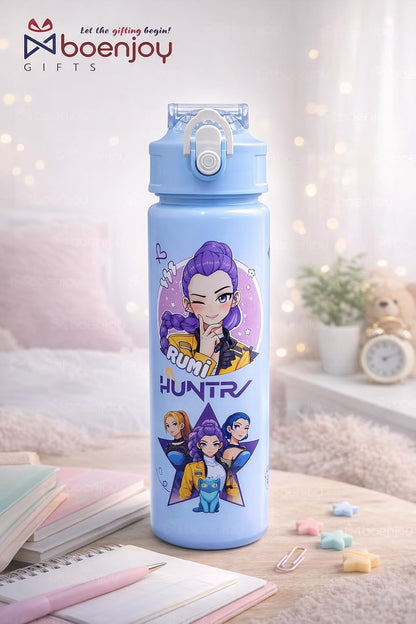 Water Bottle with Straw, Leakproof BPA Free Plastic Bottle, Cute Demon Hunter Design, Portable School Bottle with Strap, 500ml Reusable Drinking Bottle for Boys & Girl (Random Colour)