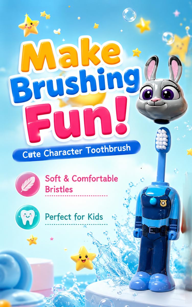 Zootopia Judy Hopps Kids Toothbrush with Protective Cap | Cute Rabbit Character Soft Bristle Travel Toothbrush for Kids | Portable Cartoon Toothbrush