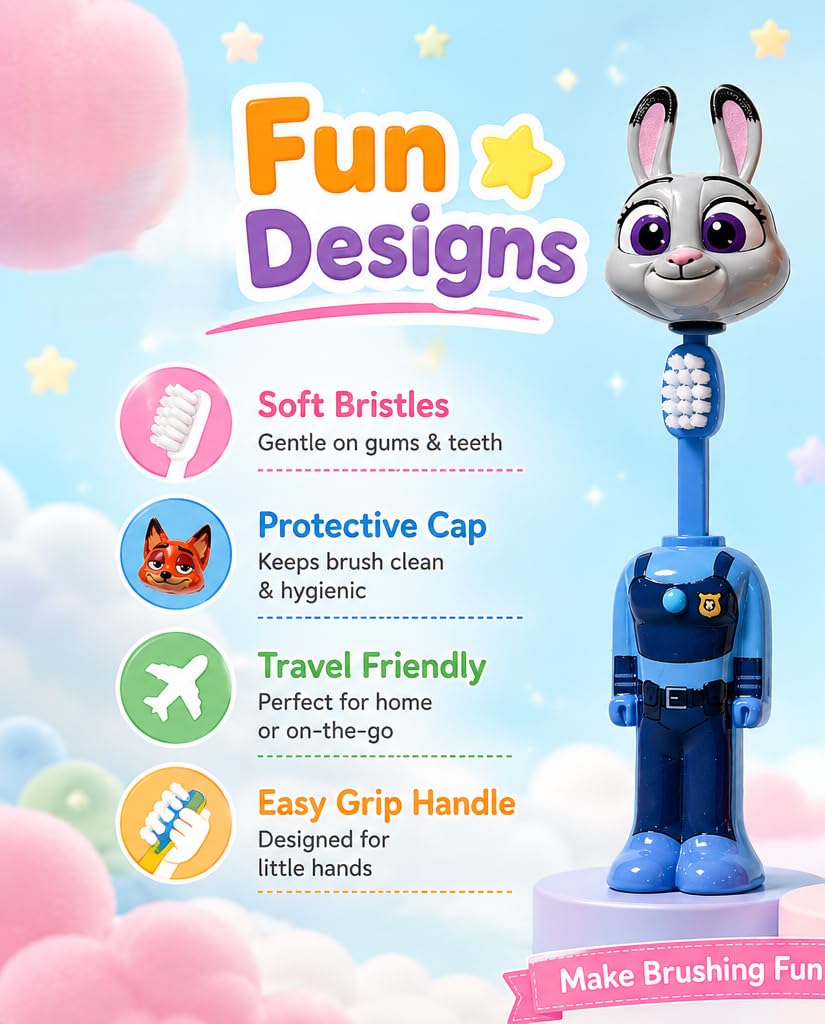 Zootopia Judy Hopps Kids Toothbrush with Protective Cap | Cute Rabbit Character Soft Bristle Travel Toothbrush for Kids | Portable Cartoon Toothbrush