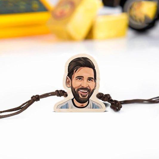Lionel Messi (La Pulga) | Premium Wooden Rakhi | Handmade Paper Packing | Soft Nylon Thread | Size - 4 x 3 cm
