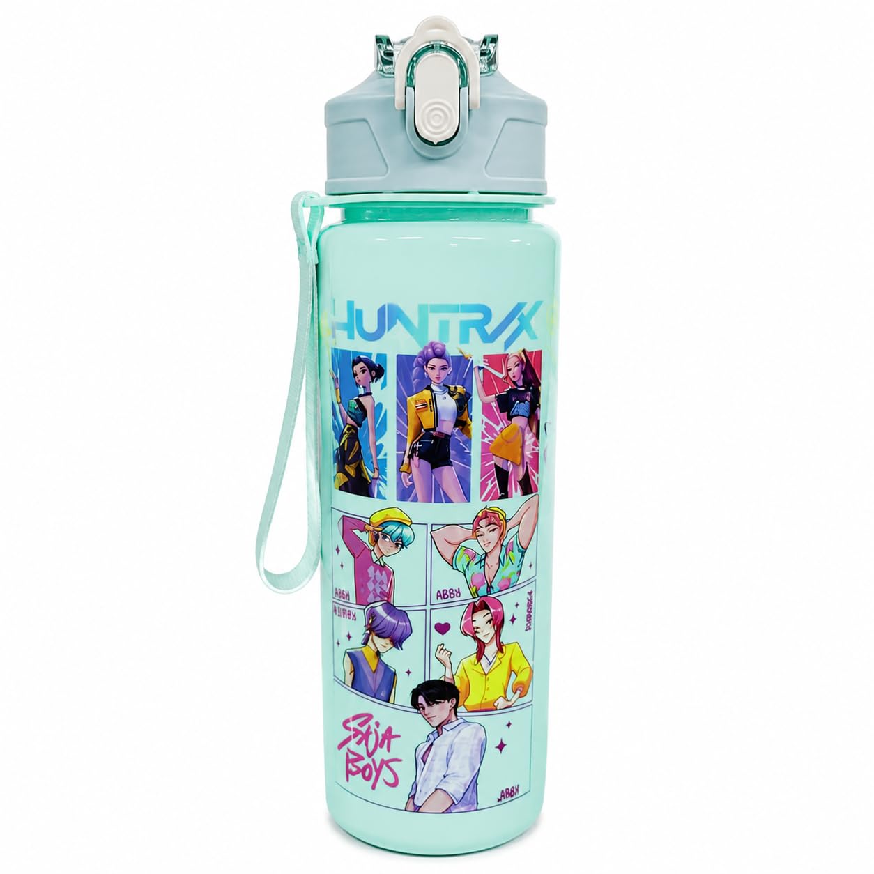 K Pop Demon Hunters Water Bottle for Kids 650ML | Leakproof BPA Free Flip Straw Bottle with Carry Strap | Cute Anime School Water Bottle