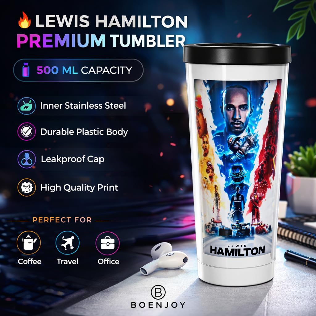 Lewis Hamilton Shipper Tumbler Bottle – 500ml Large Capacity, 19cm Height, Leakproof Plastic Shaker Cup for Gym, Protein Shake & Water | Gift for F1 Fans