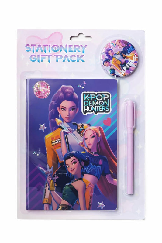 K POP Demon Hunters Stationery Gift Pack for Kids – Cute Notebook, Pen & Badge Set | Cartoon Theme Study Kit | Gift for Girls Boys Students