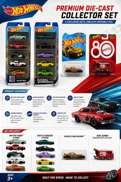 Hot Wheels Collector Bundle – HW Hot Rods 5-Pack, Fast & Furious 5-Pack, Kool Kombi & Muscle and Blown Die-Cast Cars
