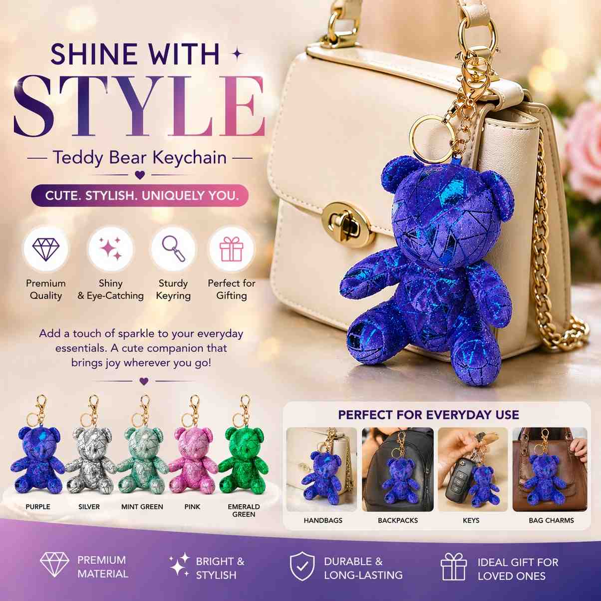 Shiny Teddy Bear Keychain – Cute Plush Bag Charm | Random 1 PCS | Stylish Key Holder Gift for Girls