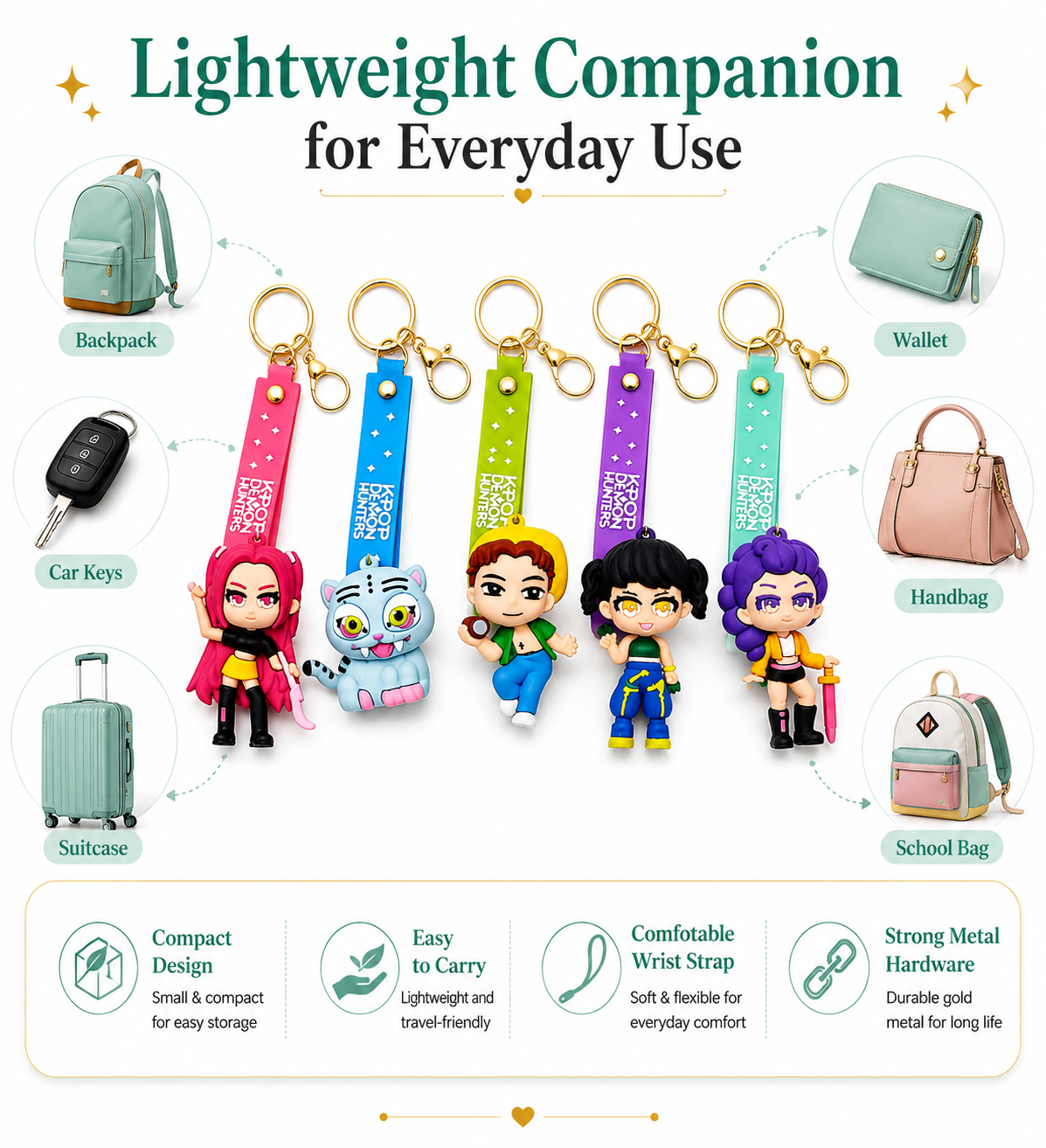 K POP Demon Hunters Key Chain Set of 4 Demon Character Keychains – Rumi, Mira, Zoey & Luna | Cute Anime Key Ring for Girls | Rubber Pendant Bag Charm | Stylish Gift for Kids & Women Random charactors