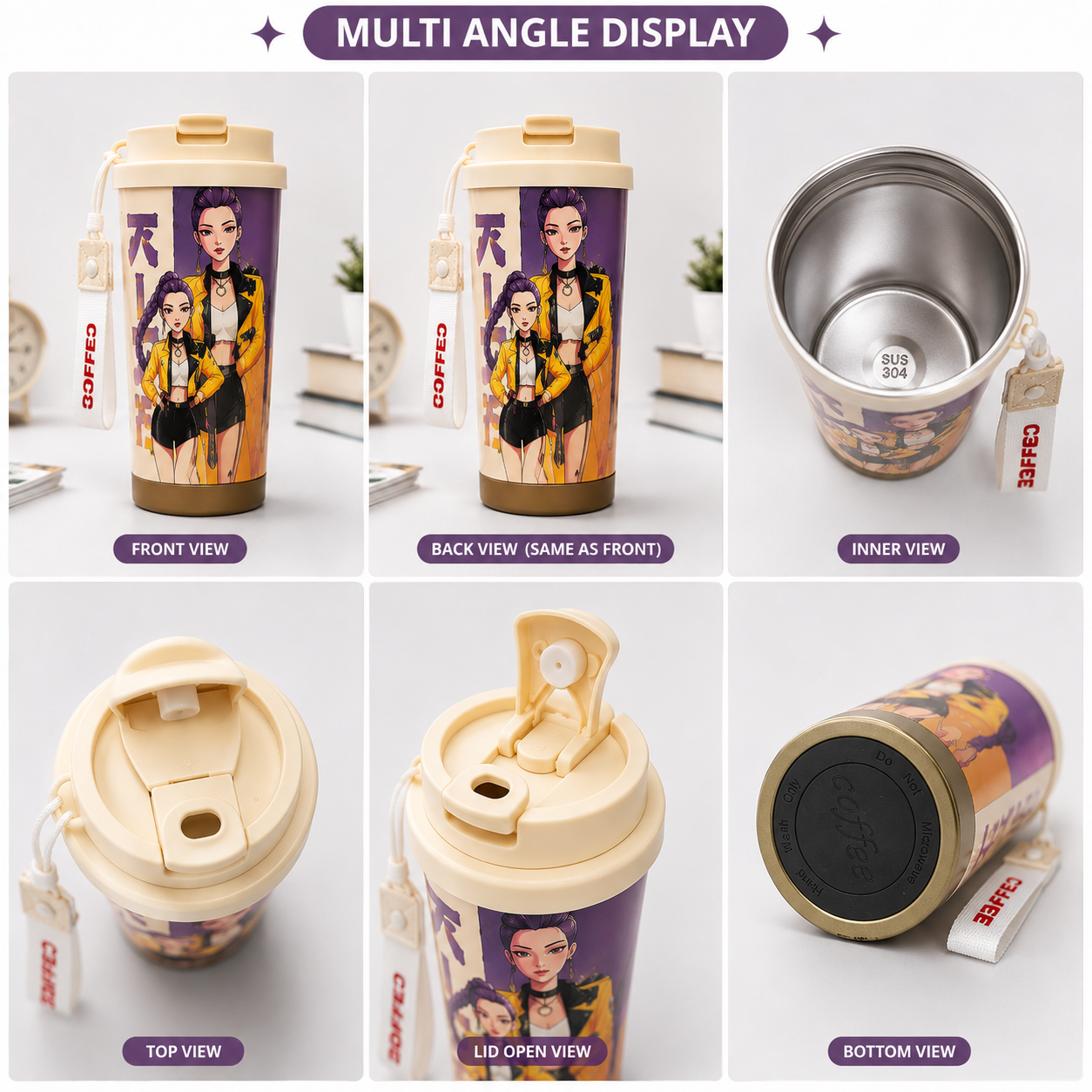 K-Pop Demon Hunters Printed Compact Tumbler with Flip-Top Lid & Carry Strap – 19 cm Portable Travel Cup for Hot & Cold Drinks