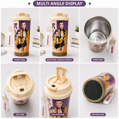 K-Pop Demon Hunters Printed Compact Tumbler with Flip-Top Lid & Carry Strap – 19 cm Portable Travel Cup for Hot & Cold Drinks
