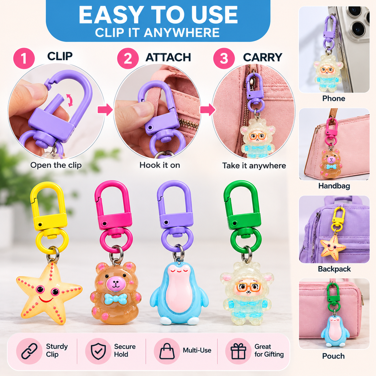 Phone Charms for Girls Set of 4, Cute Random Assorted Designs 6 cm, Colorful Carabiner Keychain Charms for Mobile Phone, Backpack, Handbag & Pouch