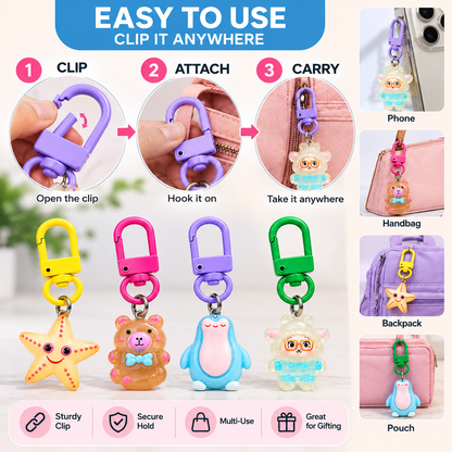 Phone Charms for Girls Set of 4, Cute Random Assorted Designs 6 cm, Colorful Carabiner Keychain Charms for Mobile Phone, Backpack, Handbag & Pouch