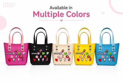 Silicone Croc Bag with Decorative Charms for Girls & Women | Waterproof Lightweight Everyday Tote Handbag 20x25x12 | Medium