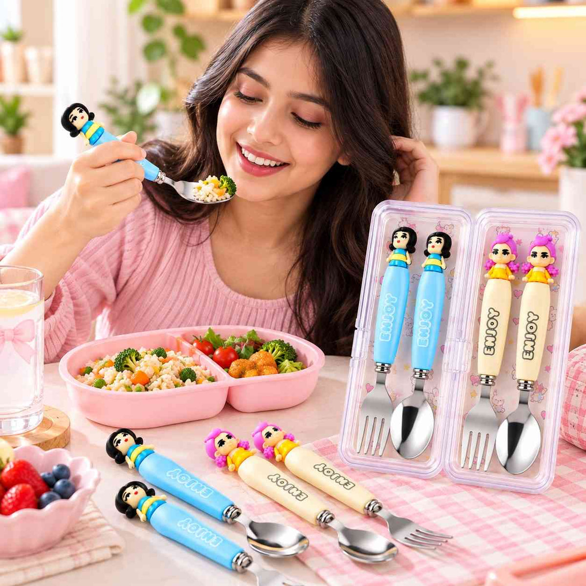 K POP Demon Hunters Spoon & Fork Set for Kids, Girls & Women – Rumi & Meera Character Design, 2 Sets 4 Pieces, Cute Reusable Cutlery with Storage Case