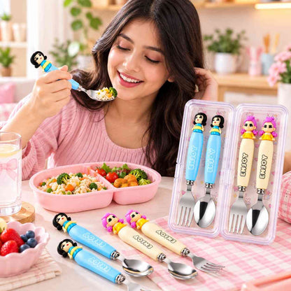 K POP Demon Hunters Spoon & Fork Set for Kids, Girls & Women – Rumi & Meera Character Design, 2 Sets 4 Pieces, Cute Reusable Cutlery with Storage Case