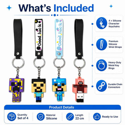 Minecraft Silicone Wrist Keychain Set of 4 | Cute Pixel Character Keychains | Soft Silicone Wrist Strap | Durable Key Ring for Keys, Backpack & Gift