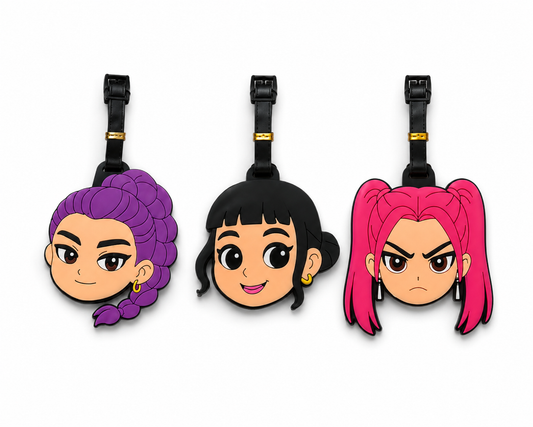 K POP Luggage Tags Set of 3 | Cute Cartoon Travel Bag Tags with Adjustable Strap & ID Card Slot