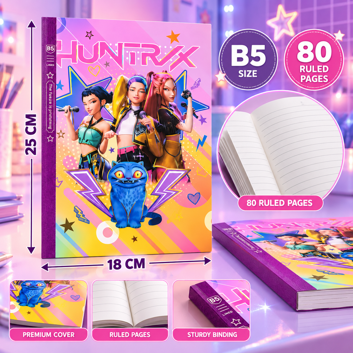 K POP Demon Hunters B5 Notebook – 80 Ruled Pages, 25 x 18 cm, Stylish Notebook for Girls, Kids & Teens, School, Study, Journaling & Daily Writing – 1 Random Design