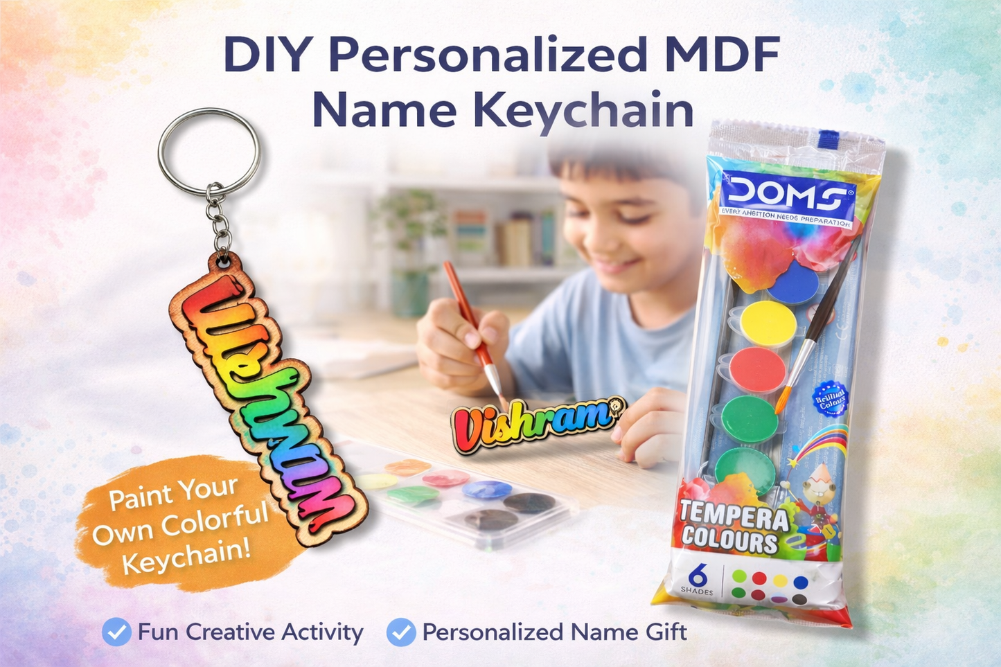 Custom Name MDF Wooden Keychain for Men Women & Couples | Personalized Lover Gift | Painting Kit with Watercolors | Handmade Name Key Ring