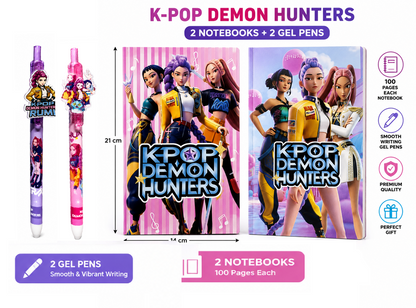 K-Pop Demon Hunters Stationery Set, 2 Notebooks with 100 Pages Each and 2 Smooth Gel Pens, Gift for Students and Fans