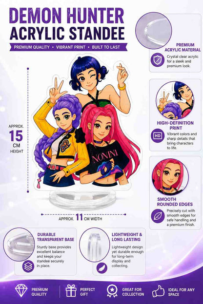 K-Pop Demon Hunters Acrylic Standee – Rumi, Mira & Zoey Desk Decor | Anime Acrylic Figure for Desk, Shelf & Car Dashboard