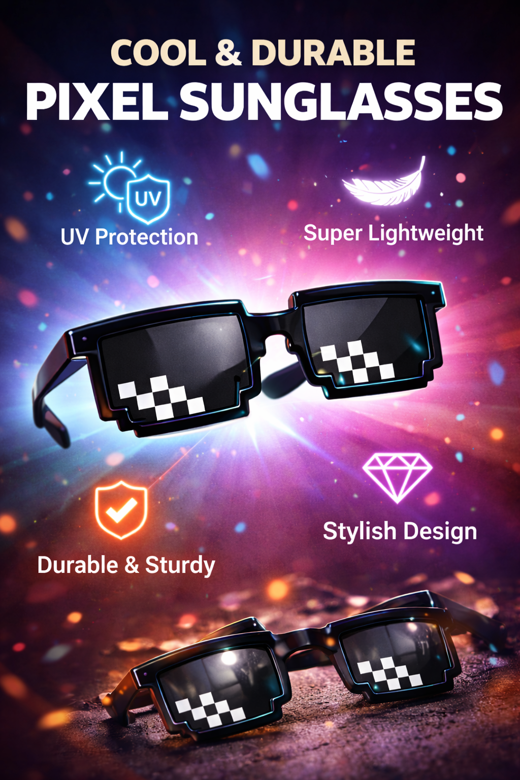 Pixel Deal With It Sunglasses – Retro Meme Glasses | UV Protection | Party Wear | Lightweight Stylish Shades