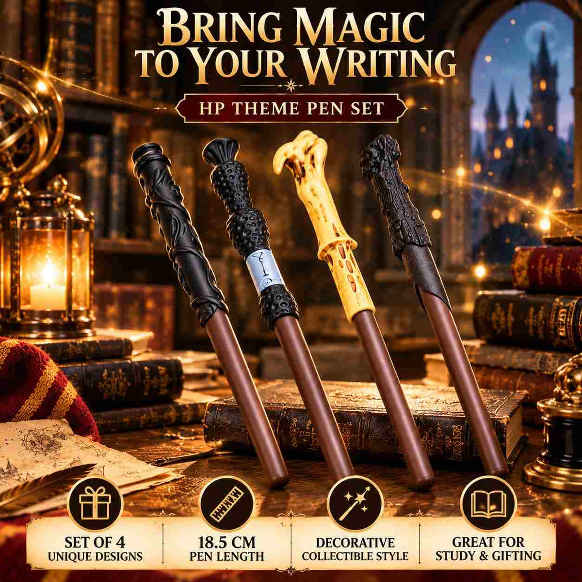 Harry Potter Wand Pen Set of 4 | Magical Theme Pens for Kids & Fans