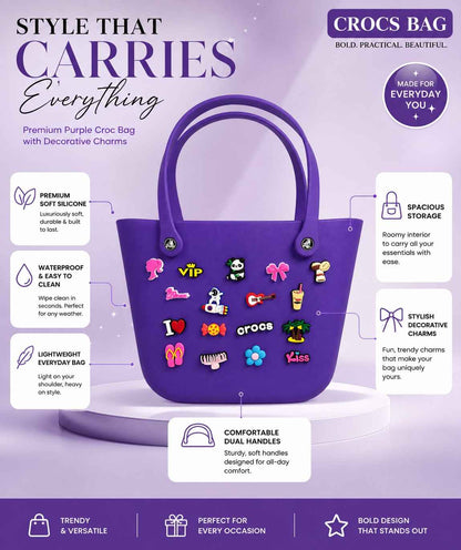 Silicone Croc Tote Bag with Decorative Charms for Girls & Women | Waterproof Lightweight Shoulder Handbag | 33 × 26 × 16 cm | Purple | Large
