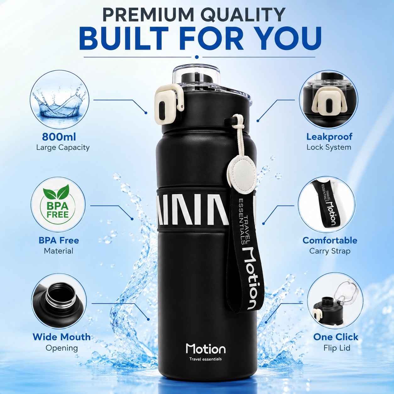 Motion Premium Stainless Steel Water Bottle 800ml – Leakproof Sports Bottle with Flip Lid, Safety Lock & Carry Strap