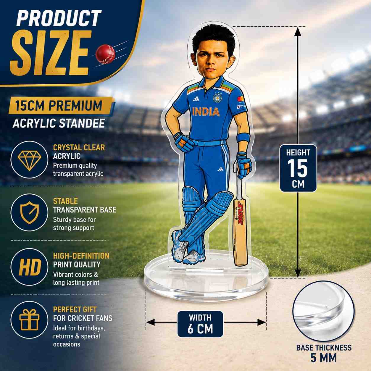 Yashasvi Jaiswal Acrylic Standee 15cm | Team India Cricket Player Collectible | Premium Acrylic Desk Decor Gift