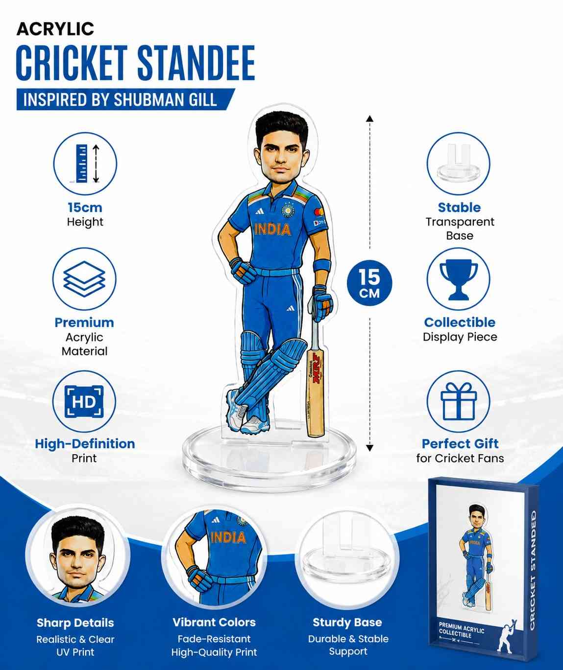 Shubman Gill India Cricket Team Acrylic Standee 15cm | Premium Collectible Desk Decor for Cricket Fans | Gift for Men, Boys & Sports Lovers