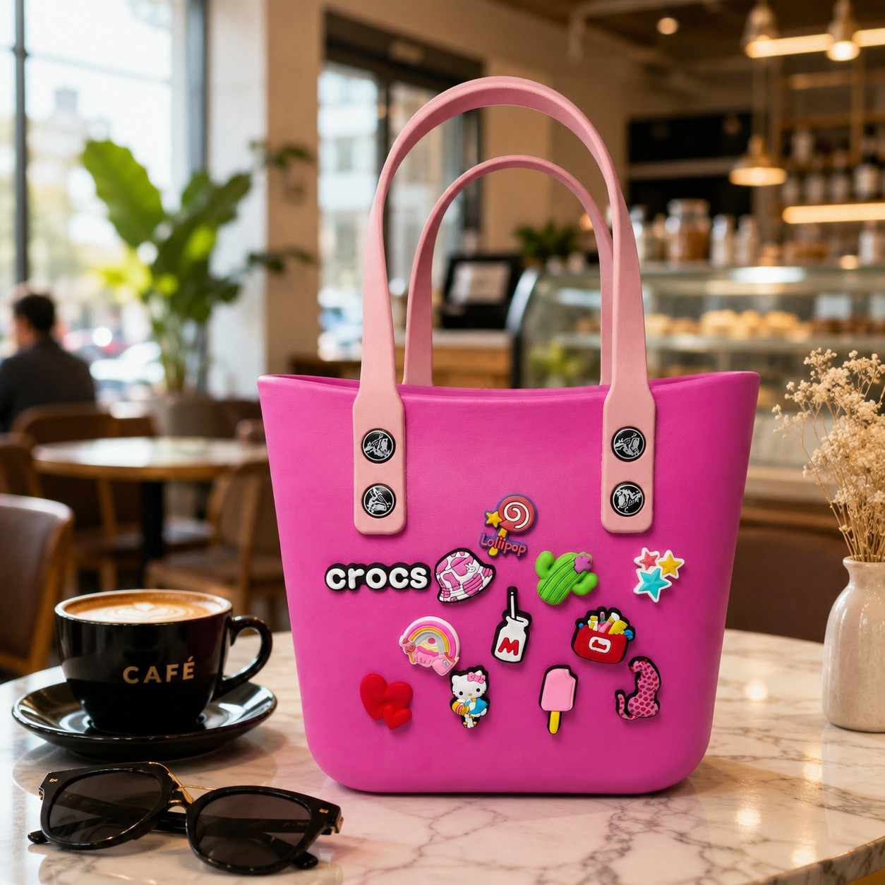 Silicone Croc Bag with Decorative Charms for Girls & Women | Waterproof Lightweight Everyday Tote Handbag 20x25x12 | Medium