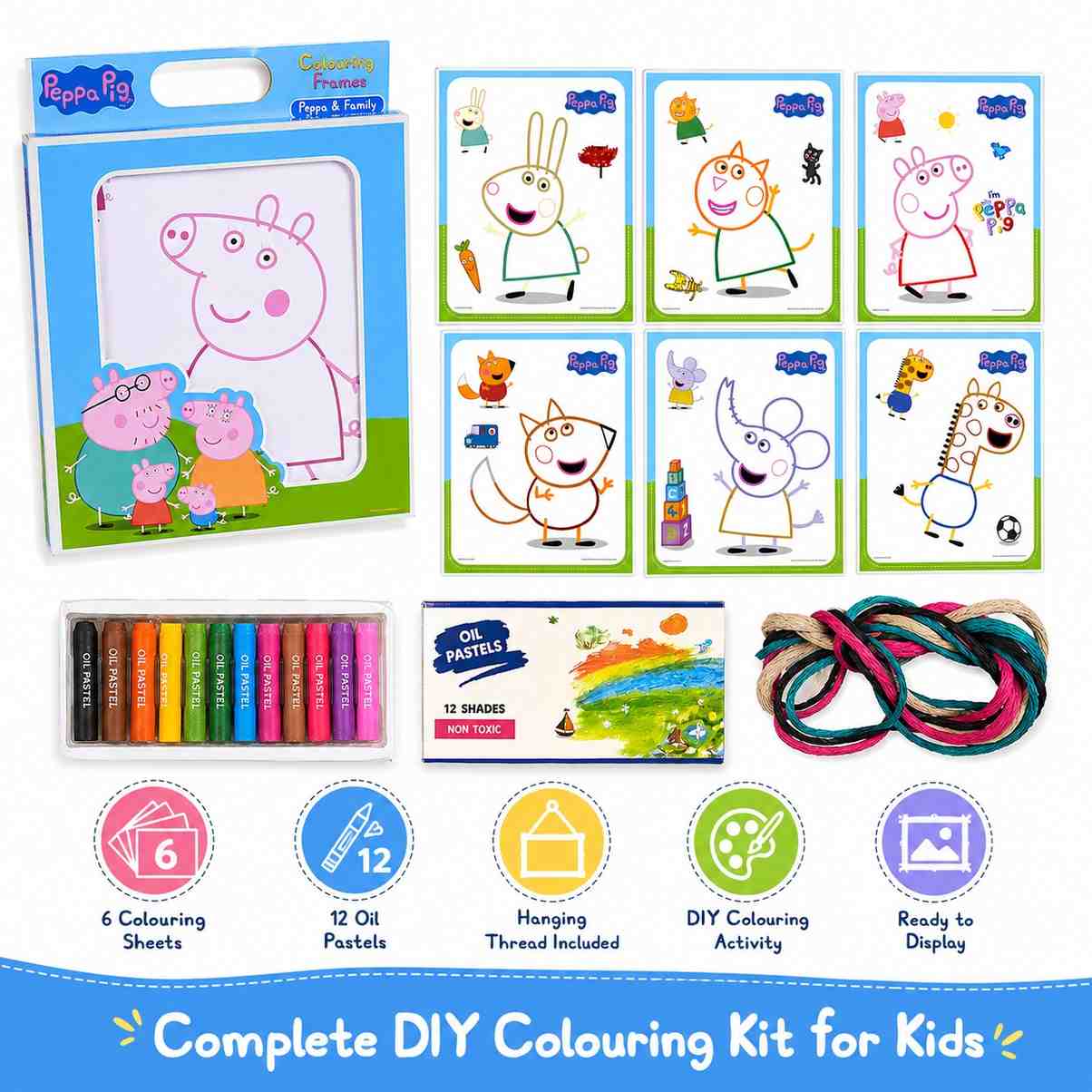 Peppa Theme Colouring Frames Kit with 6 Colouring Sheets, 12 Oil Pastels & Hanging Thread | DIY Kids Art & Craft Activity