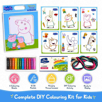Peppa Theme Colouring Frames Kit with 6 Colouring Sheets, 12 Oil Pastels & Hanging Thread | DIY Kids Art & Craft Activity