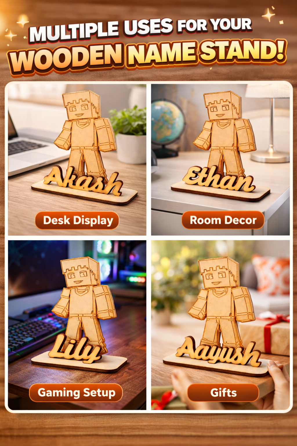 Custom Wooden Name Standy with Minecraft Character Design | Personalized Desk Decor | Unique Gift for Kids, Gamers & Home Decoration