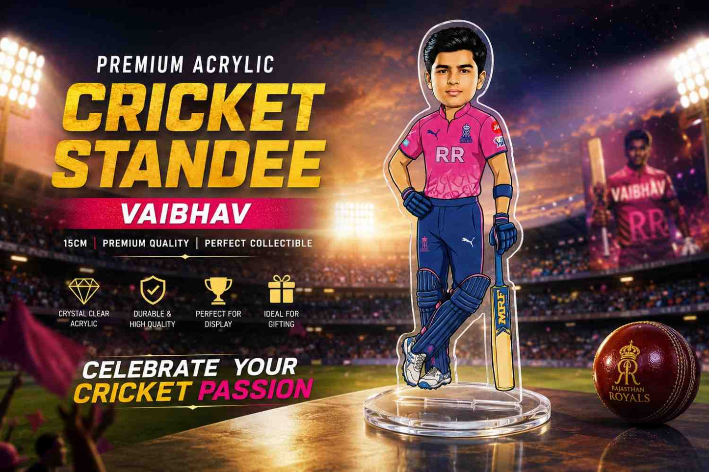Vaibhav Suryavanshi Rajasthan Royals Acrylic Cricket Standee 15cm | Premium RR Fan Collectible Desk Decor Gift