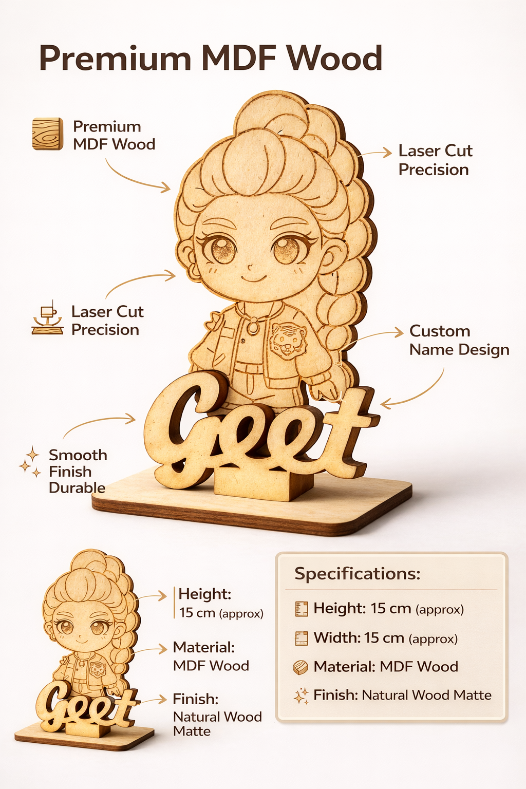 MDF Wooden Name Standee | Custom Name Desk Decor | Premium Laser Cut Name Plate | Cute Gift for Birthday, Study Table & Home Decor (15 cm)