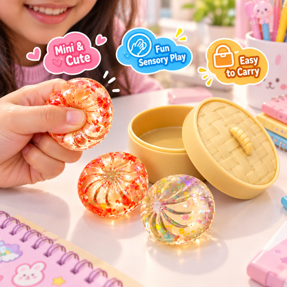 Set of 3 Mini Momos Squishy with Storage Box | Soft & Squeezable Sensory Toy for Kids