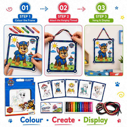 Paw Patrol Theme Colouring Frames Kit with 6 Colouring Frames, 12 Oil Pastels & Hanging Thread | DIY Kids Art & Craft Kit