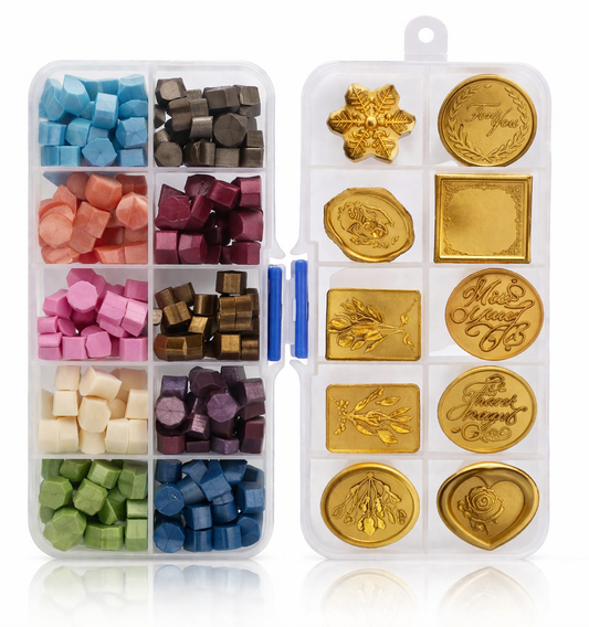 Wax Seal Kit with Beads & Stamps – 20 Color Wax Beads Set with Premium Sealing Stamps for Invitations, Gifts & Crafts(COMOBO PACK)