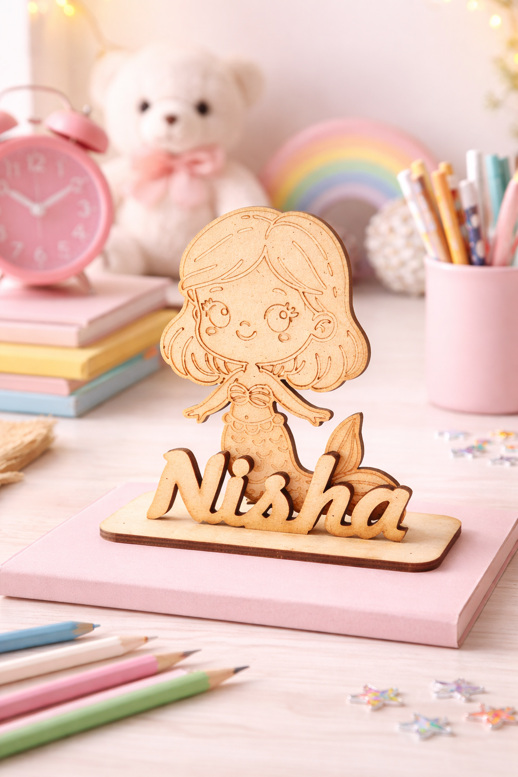 Personalized Mermaid Name Standee | Custom MDF Name Plate | Kids Room Decor | Wooden Cartoon Name Sign | Gift for Girls
