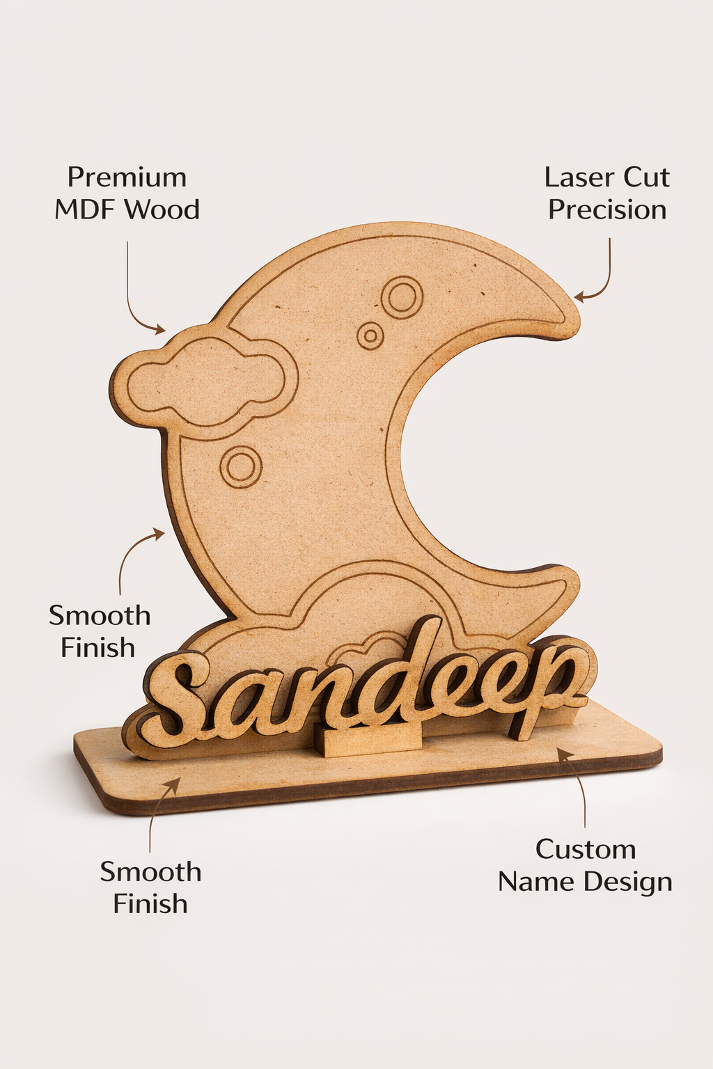 MDF Wooden Name Standee with Moon Design | Custom Name Desk Decor | Laser Cut Wooden Name Plate | Unique Gift for Kids, Birthday, Anniversary, Home & Office Decor