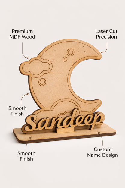 MDF Wooden Name Standee with Moon Design | Custom Name Desk Decor | Laser Cut Wooden Name Plate | Unique Gift for Kids, Birthday, Anniversary, Home & Office Decor