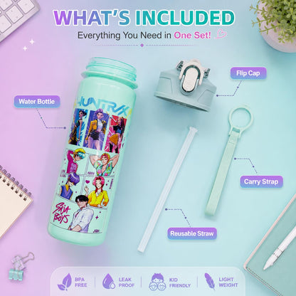 K Pop Demon Hunters Water Bottle Set of 2 | 650ML Leakproof Straw Water Bottles for Kids & Teens