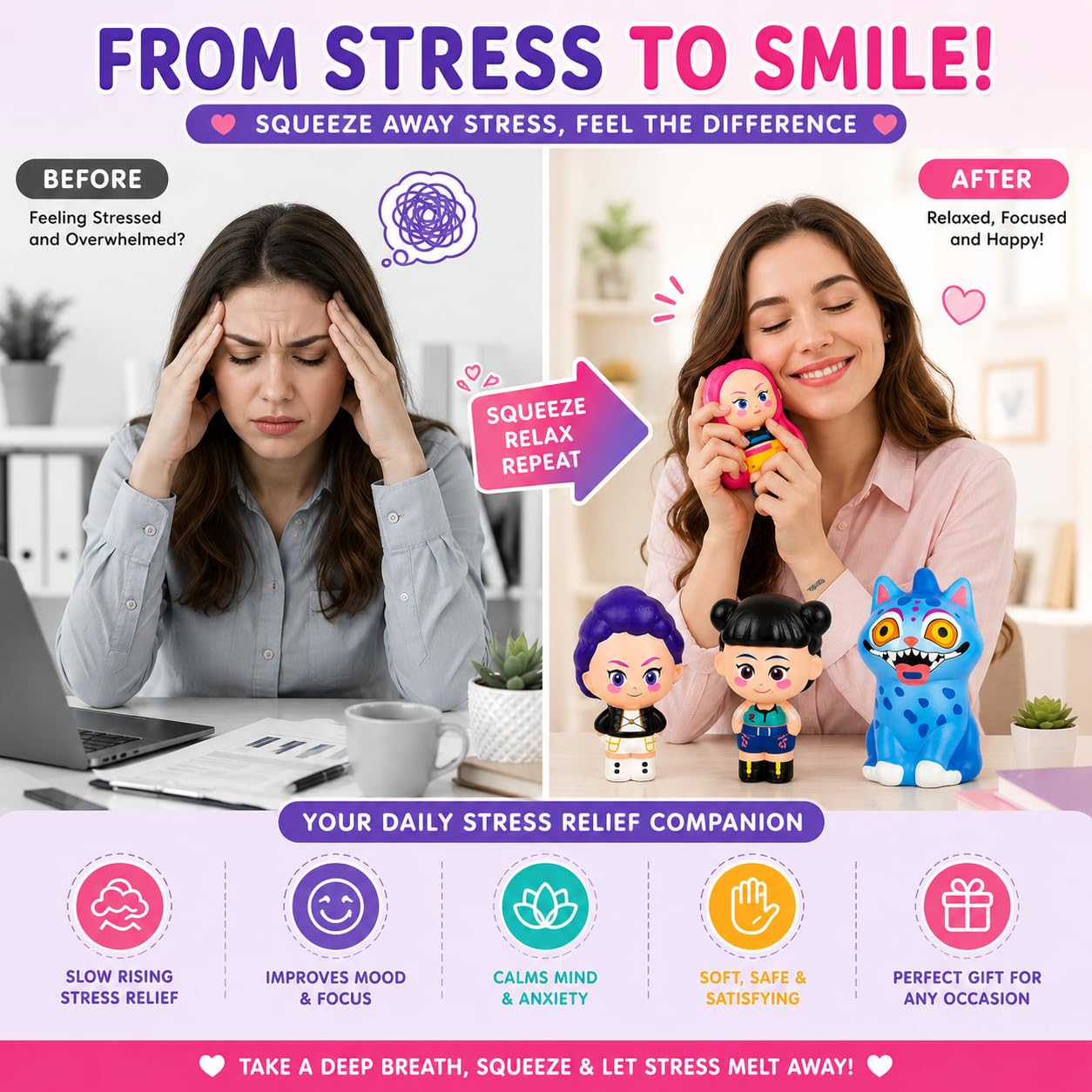 K Pop Demon Hunters Squishy Set of 4 – Rumi, Meera, Zoey & Blue Cat Slow Rising Stress Relief Squeeze Toys for Kids, Teens & Adults