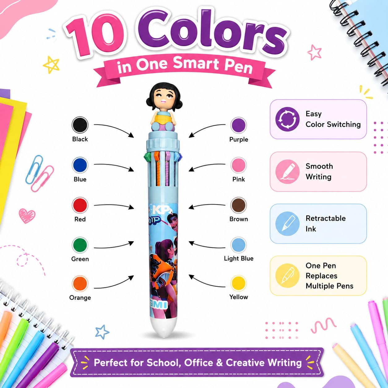 K-Pop Demon Hunters Themed 10-in-1 Multicolor Pen Set of 3 | Cute Character Topper | 10 Color Retractable Ball Pens for School, Office, Journaling & Gifts